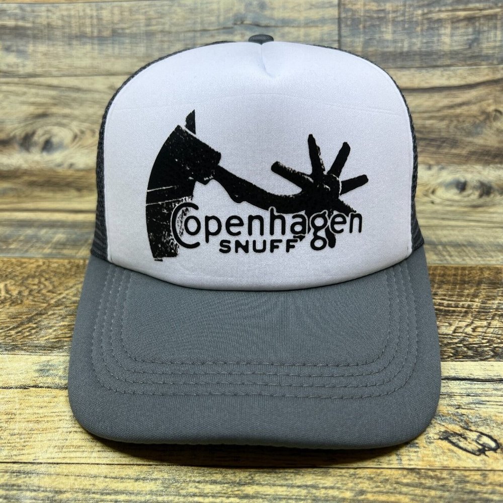 Copenhagen Snuff Vintage Logo Mens Trucker Hat Grey Snapback Chewing Tobacco Cap - Picture 2 of 8